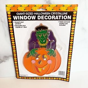 Giant Sized Halloween Crystalline Window Decoration Frankenstein Pumpkin NEW Vtg